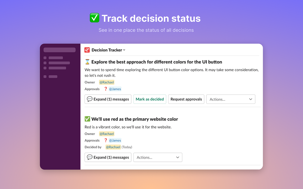 Decision Tracker feature detail — Project Management app on the Slack Marketplace