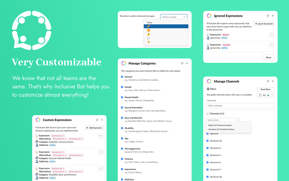 Inclusive Bot settings interface — Health & Wellness app on the Slack Marketplace