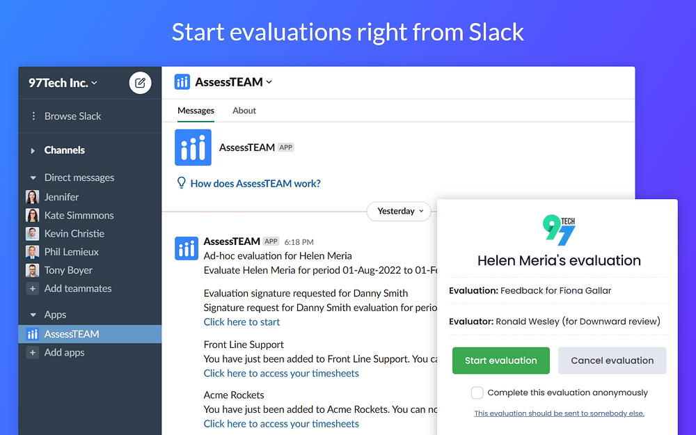 AssessTEAM dashboard view — Analytics app on the Slack Marketplace