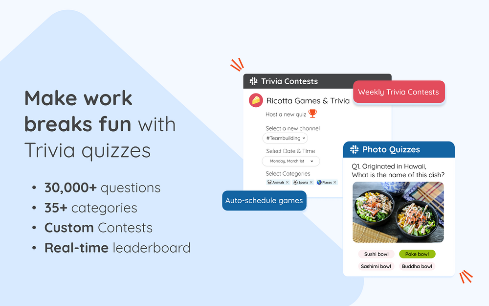 Ricotta Games, Trivia & Icebreakers dashboard view — Health & Wellness app on the Slack Marketplace
