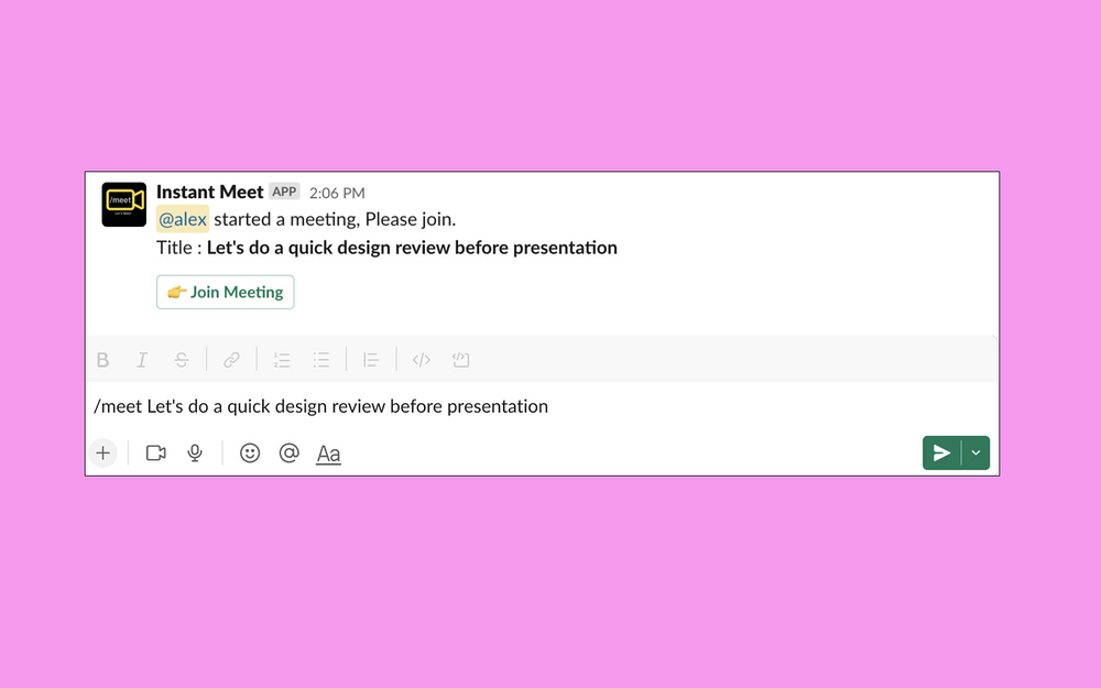 Instant Meet primary marketing image — Voice & Video app on the Slack Marketplace