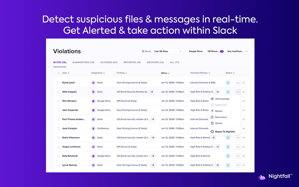 Nightfall Pro DLP for Slack primary marketing image — File Management app on the Slack Marketplace