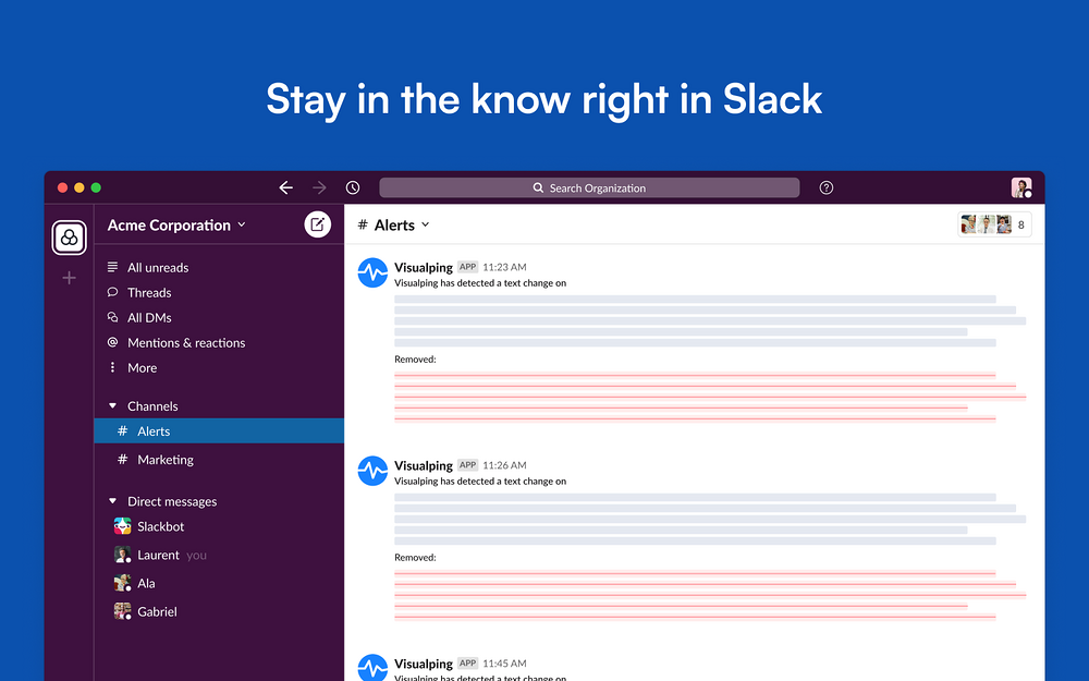Visualping Website Change Alerts feature detail — Security & Compliance app on the Slack Marketplace