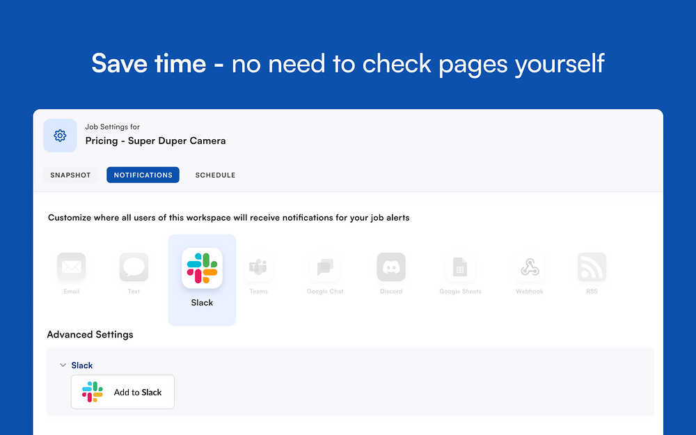 Visualping Website Change Alerts dashboard view — Security & Compliance app on the Slack Marketplace