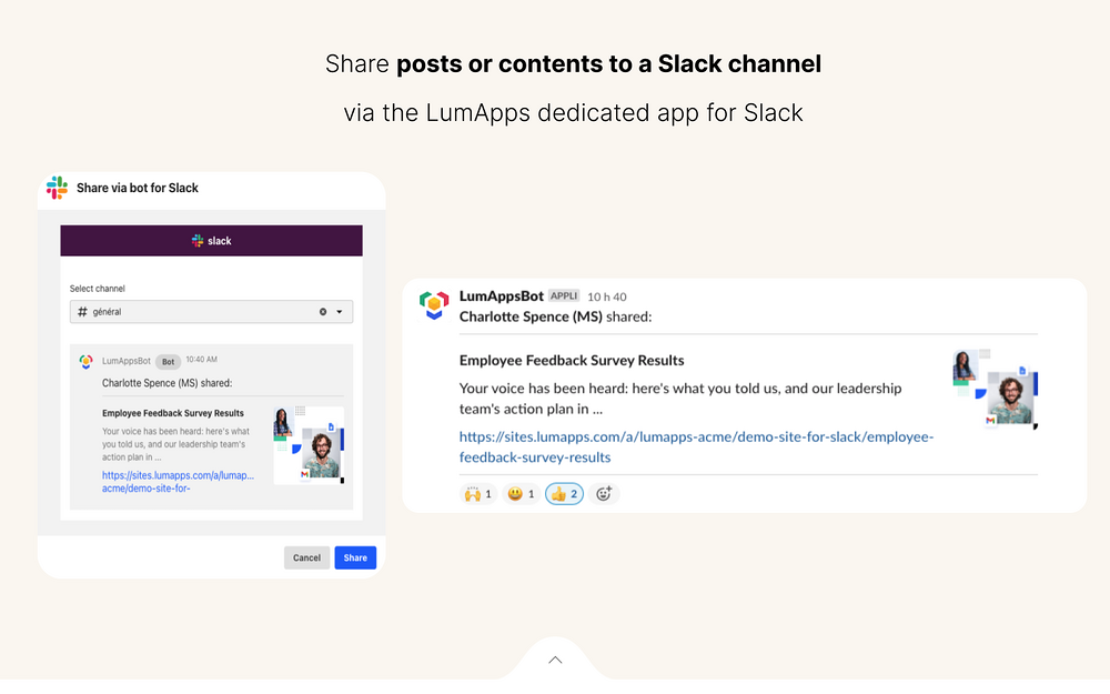 LumApps dashboard view — HR & Team Culture app on the Slack Marketplace