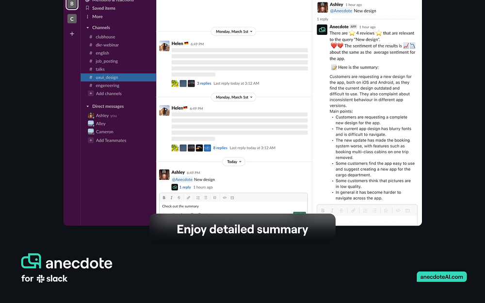 Anecdote dashboard view — Marketing app on the Slack Marketplace