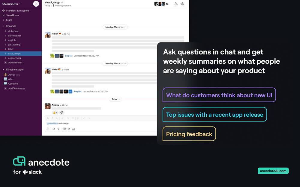Anecdote feature detail — Marketing app on the Slack Marketplace