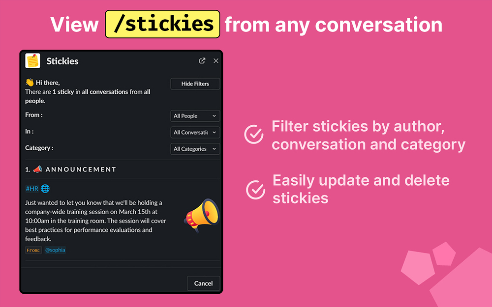 Sticky feature detail — Office Management app on the Slack Marketplace