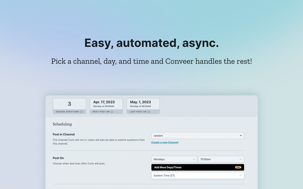 Conveer settings interface — Social & Fun app on the Slack Marketplace