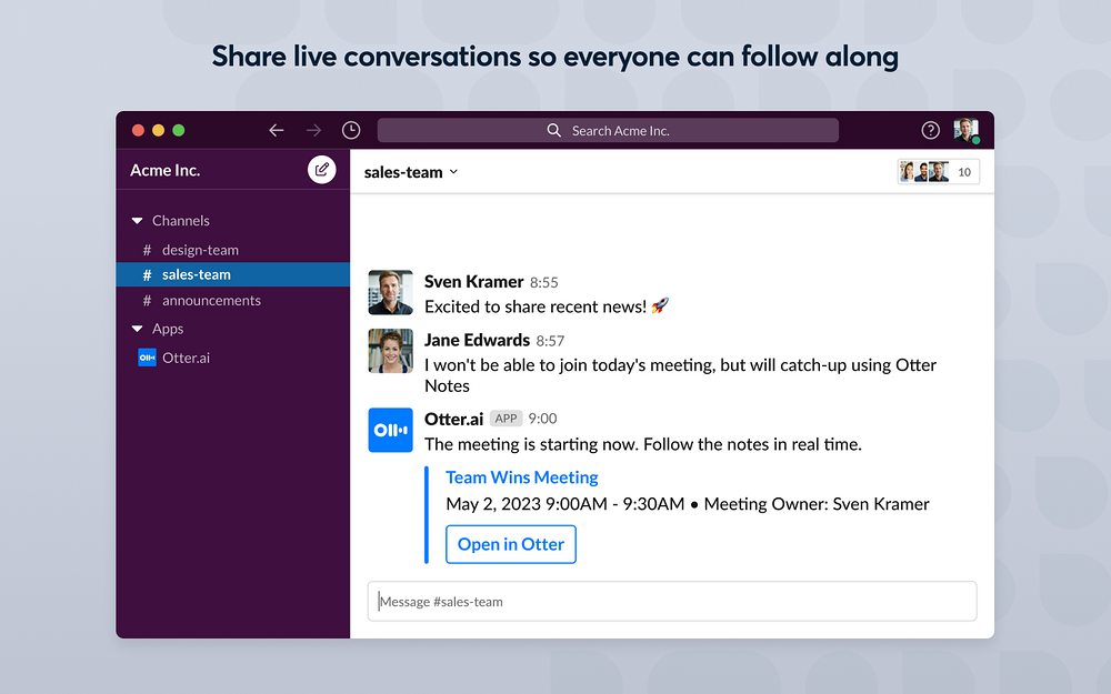 Otter.ai | AI Meeting Assistant settings interface — Voice & Video app on the Slack Marketplace