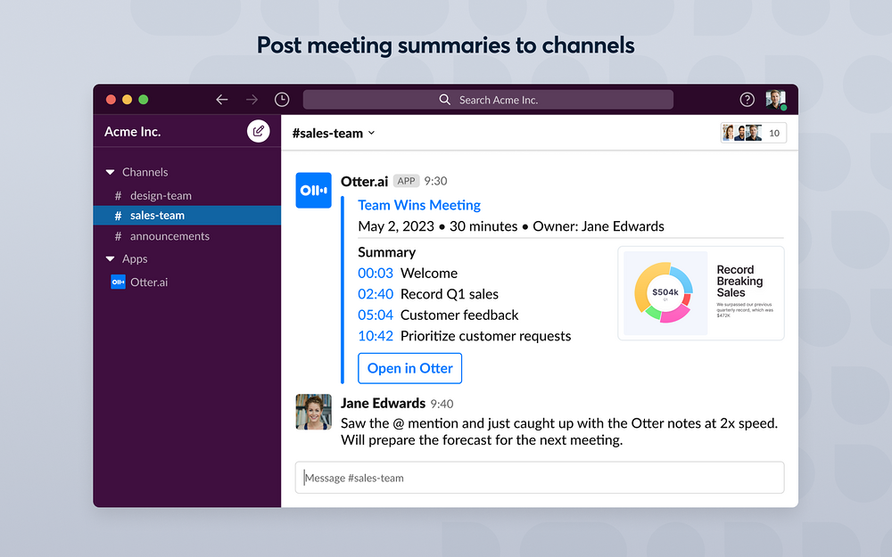 Otter.ai | AI Meeting Assistant feature detail — Voice & Video app on the Slack Marketplace