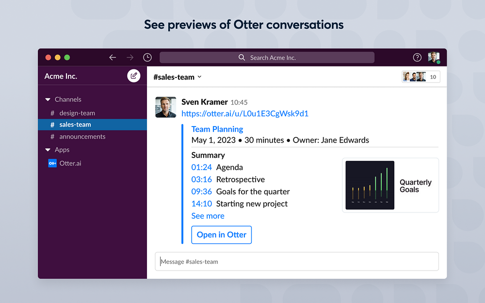 Otter.ai | AI Meeting Assistant primary marketing image — Voice & Video app on the Slack Marketplace