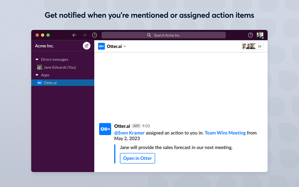 Otter.ai | AI Meeting Assistant dashboard view — Voice & Video app on the Slack Marketplace
