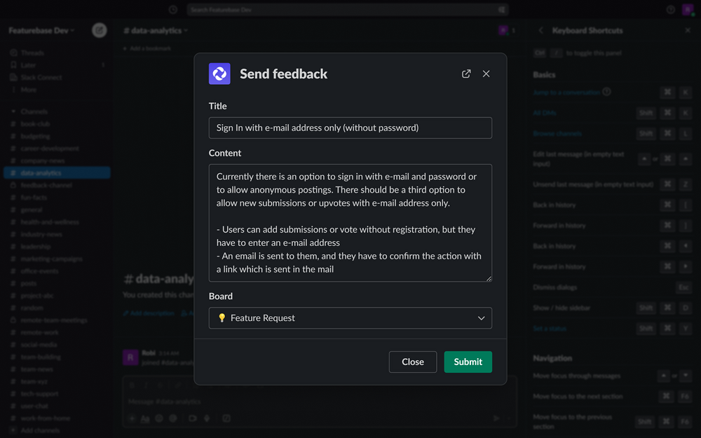 Featurebase dashboard view — Customer Support app on the Slack Marketplace