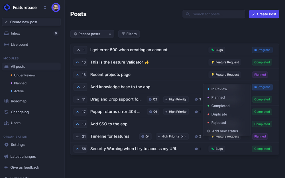 Featurebase settings interface — Customer Support app on the Slack Marketplace