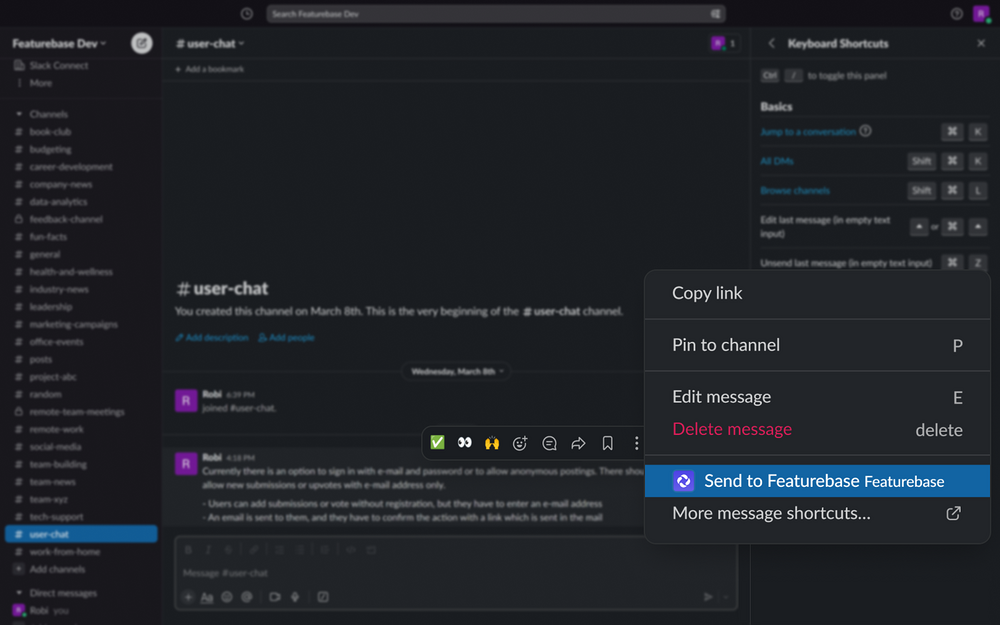 Featurebase feature detail — Customer Support app on the Slack Marketplace