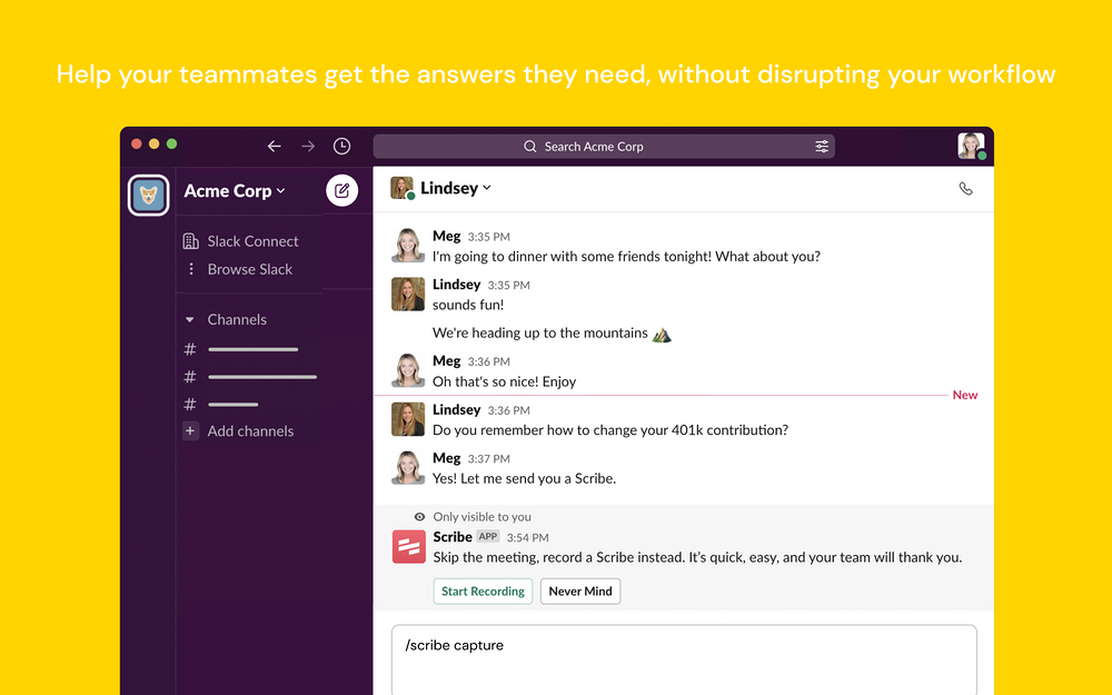 Scribe dashboard view — Productivity app on the Slack Marketplace