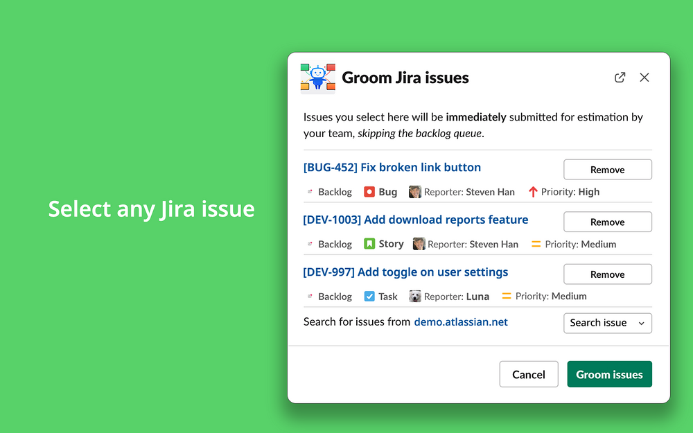 Groomba feature detail — Project Management app on the Slack Marketplace