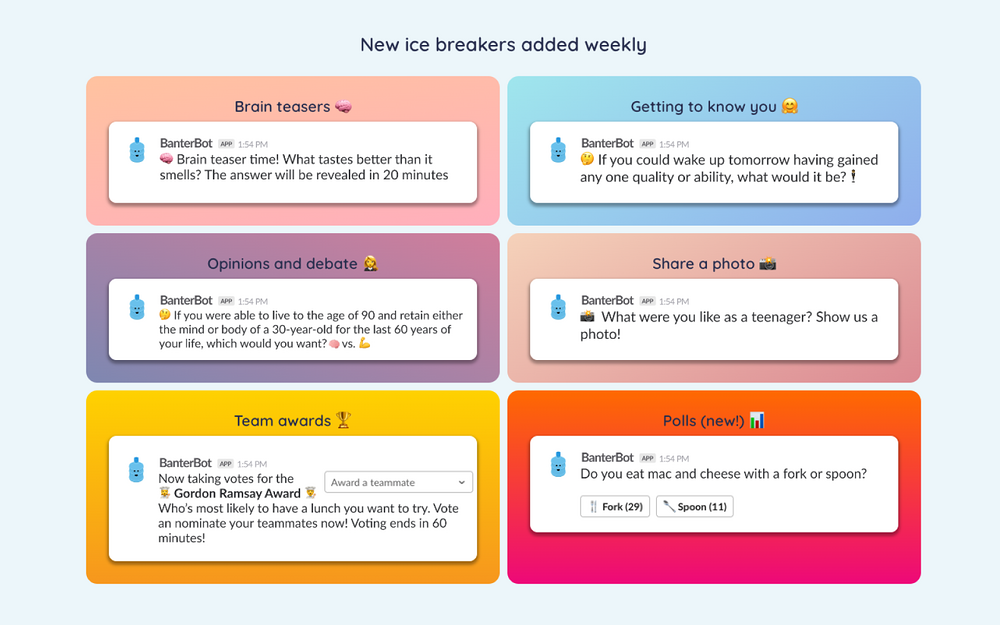 Banter Icebreaker Games dashboard view — Health & Wellness app on the Slack Marketplace
