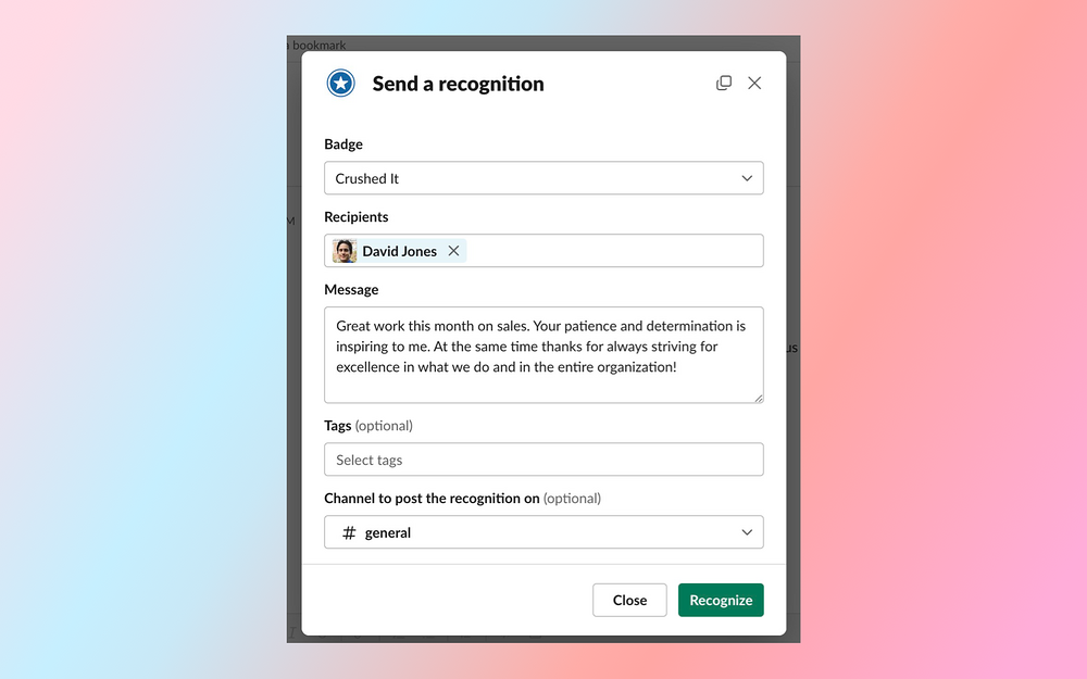 Recognize dashboard view — Office Management app on the Slack Marketplace