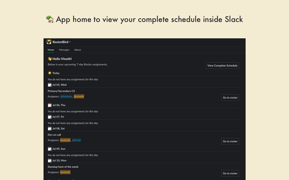 Rotation, Shifts & Rosters - RosterBird settings interface — Customer Support app on the Slack Marketplace