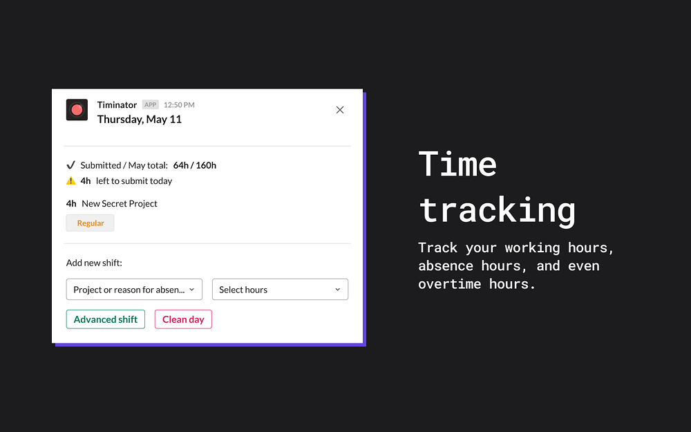 Timinator dashboard view — Analytics app on the Slack Marketplace