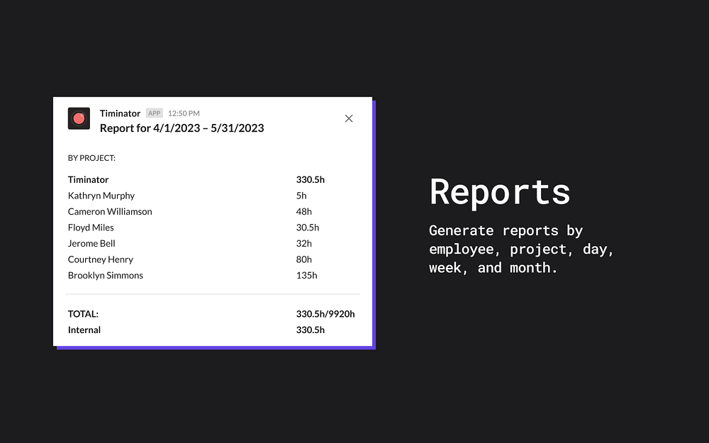 Timinator feature detail — Analytics app on the Slack Marketplace
