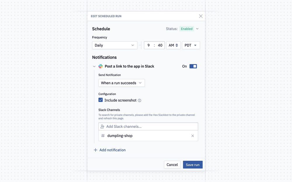 Hex dashboard view — Analytics app on the Slack Marketplace
