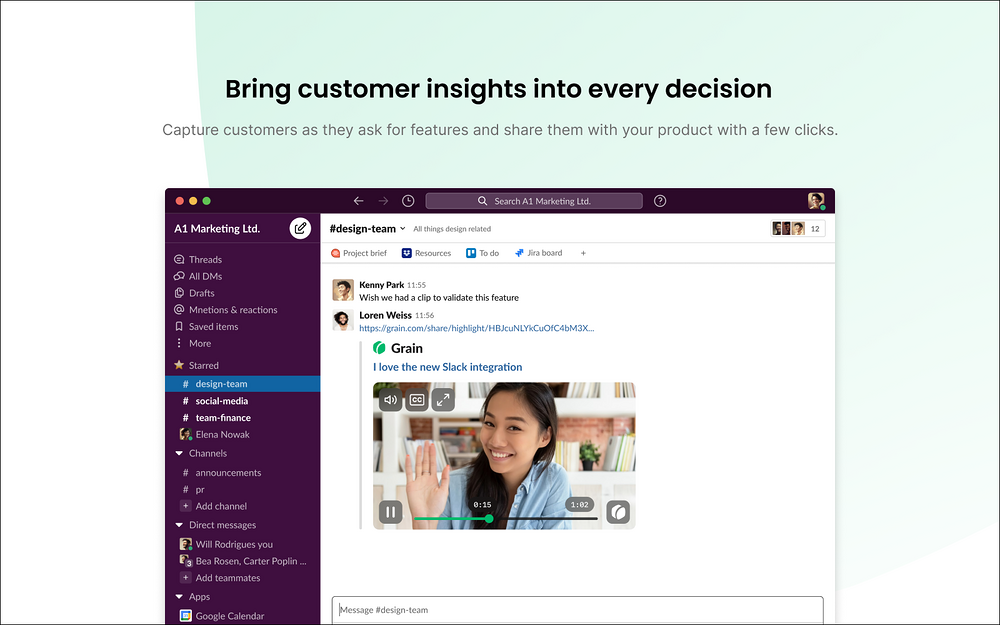 Grain dashboard view — Voice & Video app on the Slack Marketplace