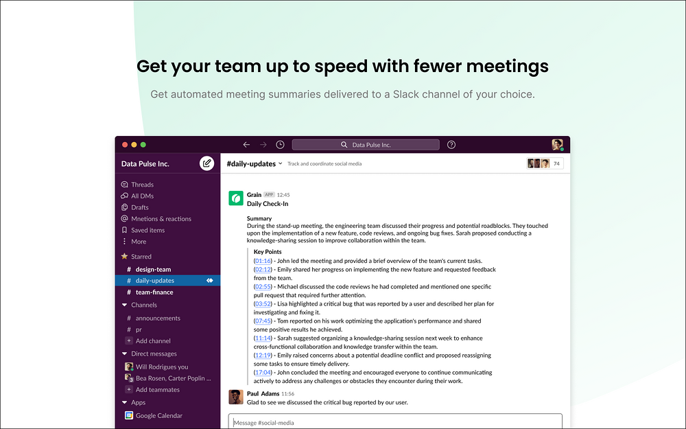 Grain primary marketing image — Voice & Video app on the Slack Marketplace