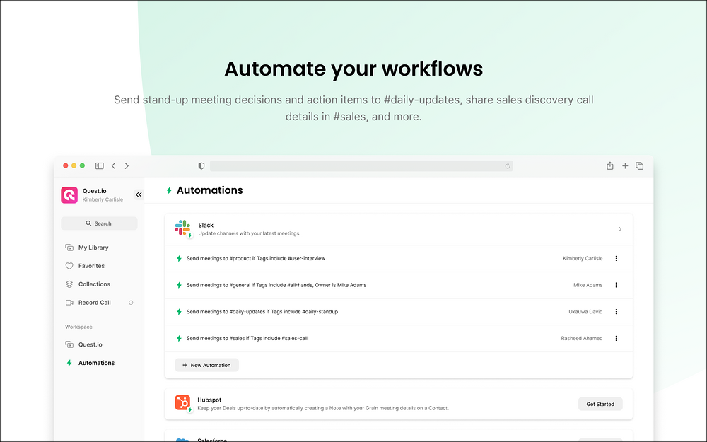Grain settings interface — Voice & Video app on the Slack Marketplace