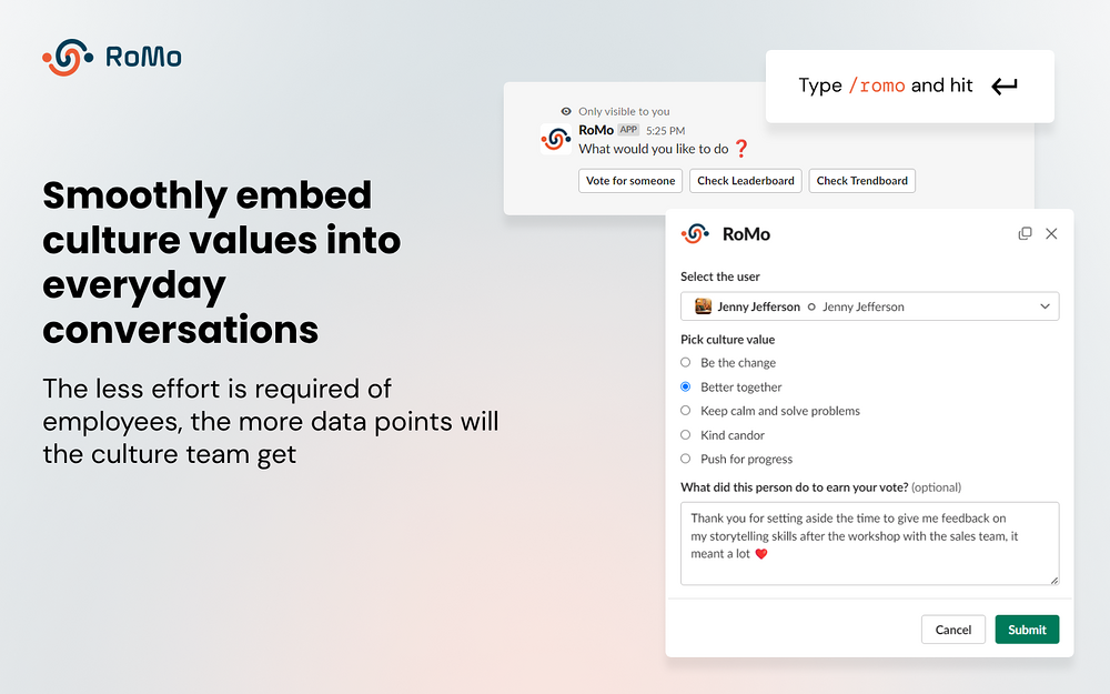 RoMo feature detail — Social & Fun app on the Slack Marketplace