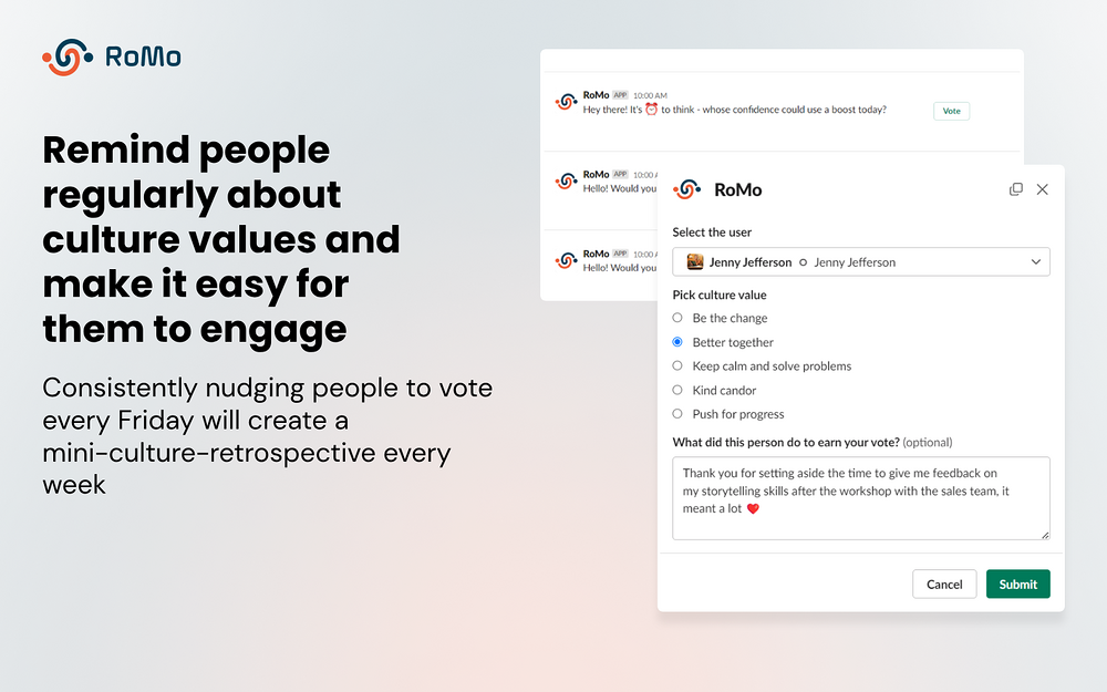 RoMo dashboard view — Social & Fun app on the Slack Marketplace
