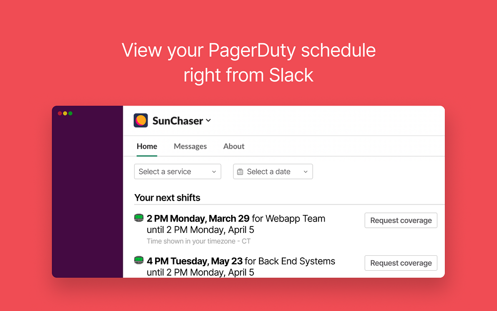 SunChaser settings interface — Customer Support app on the Slack Marketplace