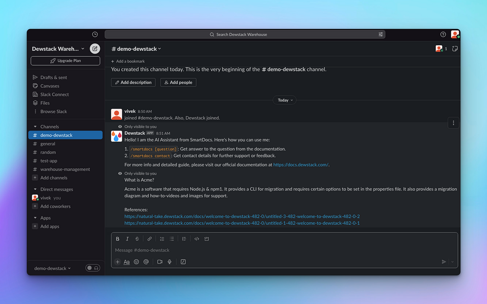 Dewstack integration setup — Customer Support app on the Slack Marketplace