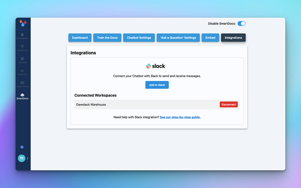 Dewstack settings interface — Customer Support app on the Slack Marketplace