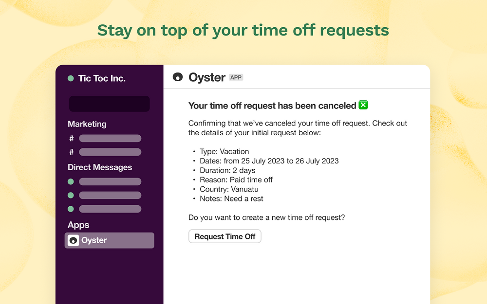 Oyster settings interface — HR & Team Culture app on the Slack Marketplace