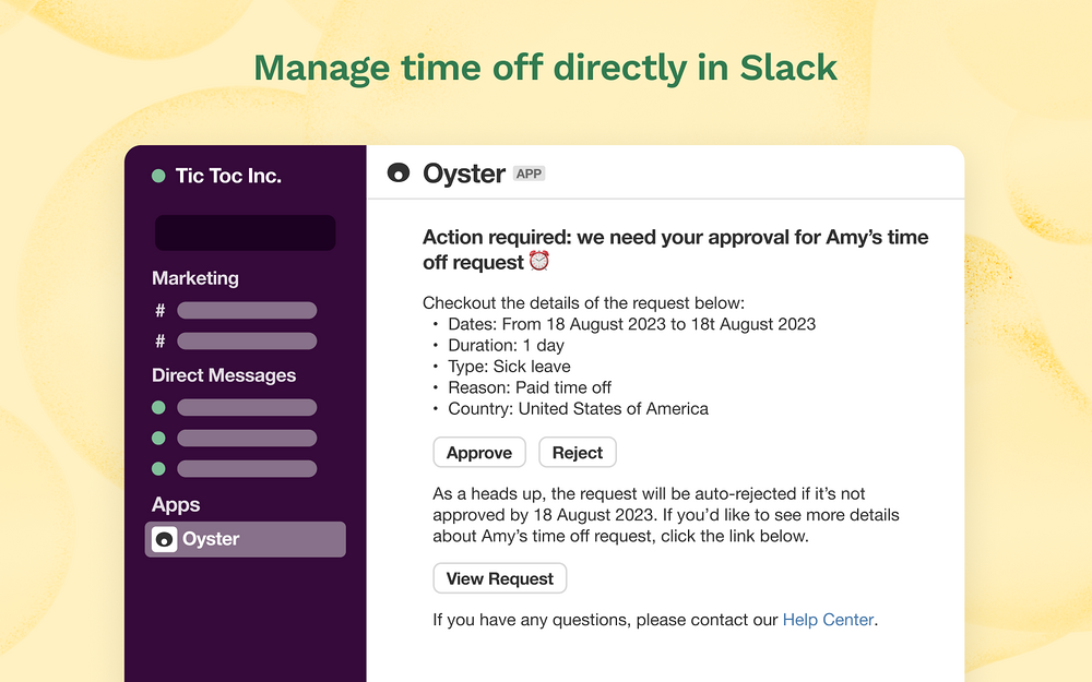 Oyster feature detail — HR & Team Culture app on the Slack Marketplace