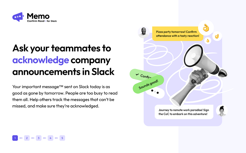 Memo - Confirm Read primary marketing image — HR & Team Culture app on the Slack Marketplace