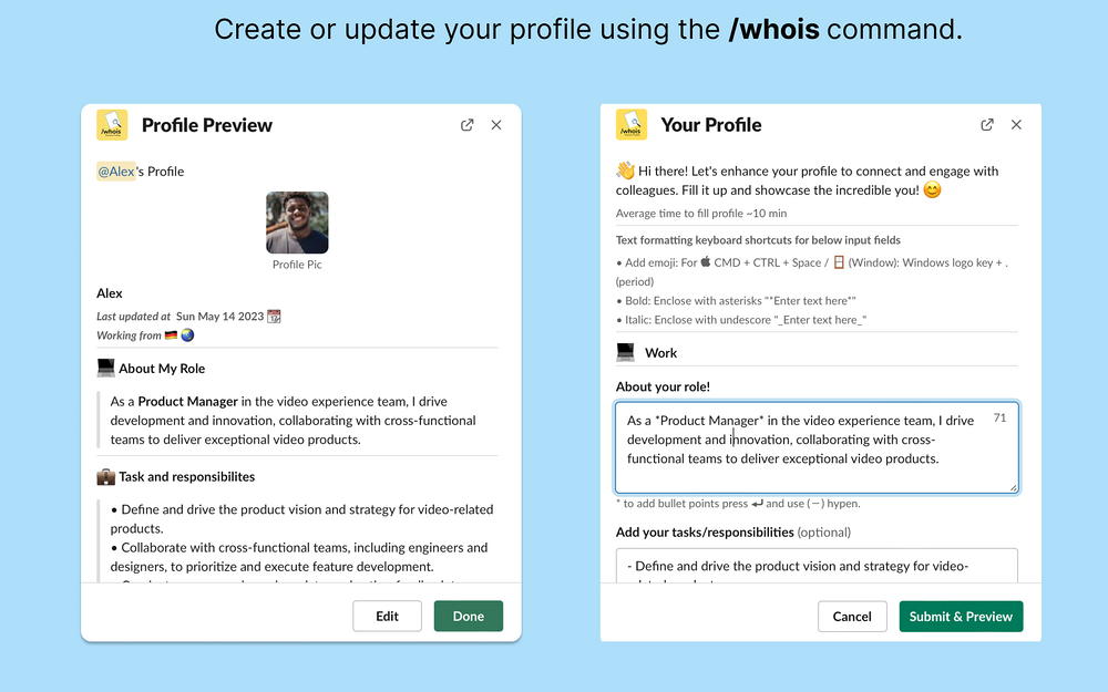 AI Profile For Slack dashboard view — Brilliant Bots app on the Slack Marketplace