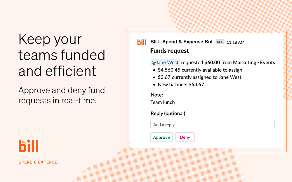 BILL Spend and Expense dashboard view — Finance app on the Slack Marketplace