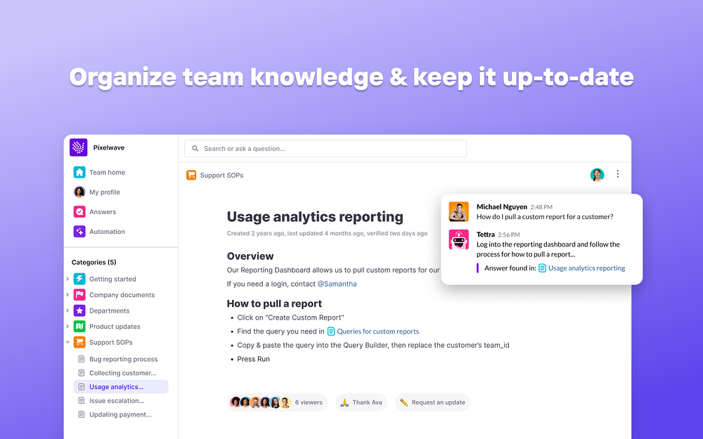 Tettra Wiki dashboard view — File Management app on the Slack Marketplace