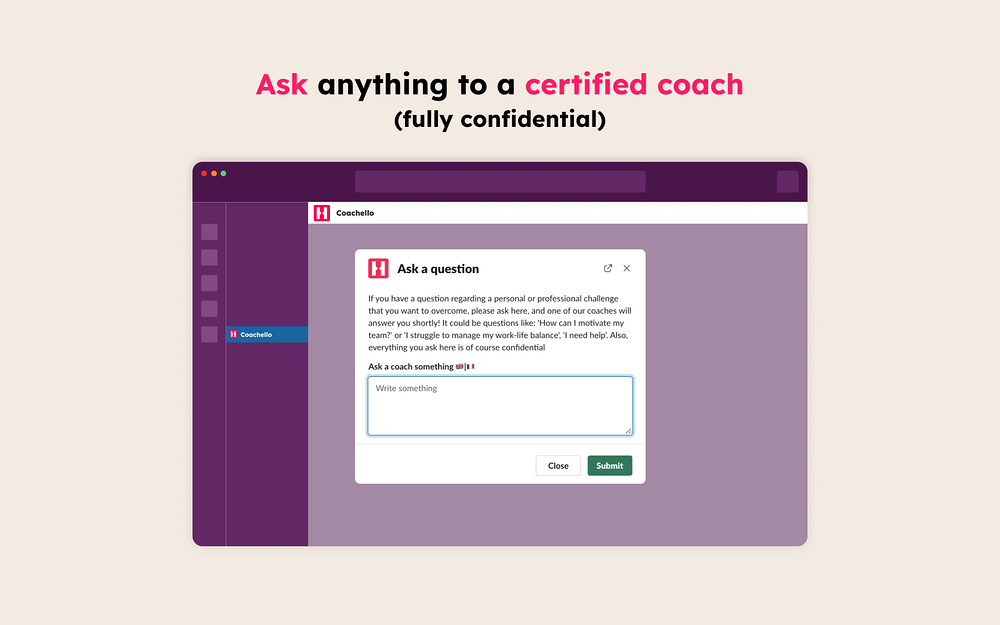 Coachello dashboard view — Health & Wellness app on the Slack Marketplace