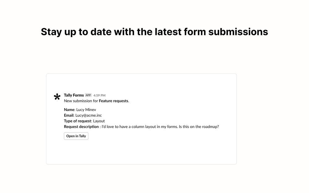 Tally Forms feature detail — Marketing app on the Slack Marketplace