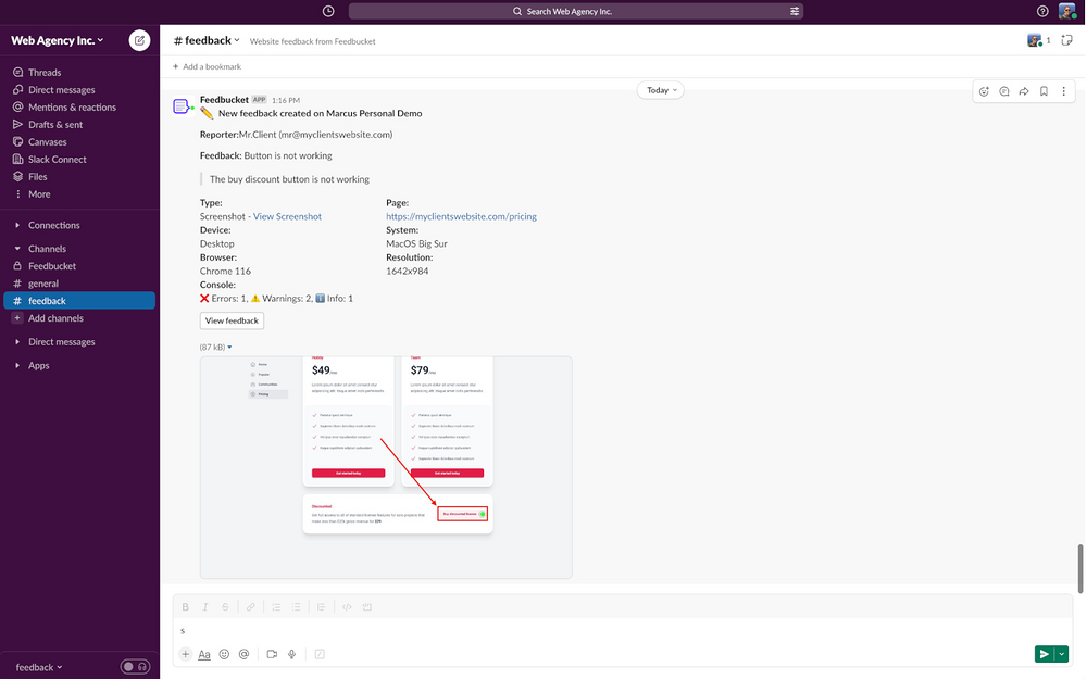 Feedbucket dashboard view — Customer Support app on the Slack Marketplace