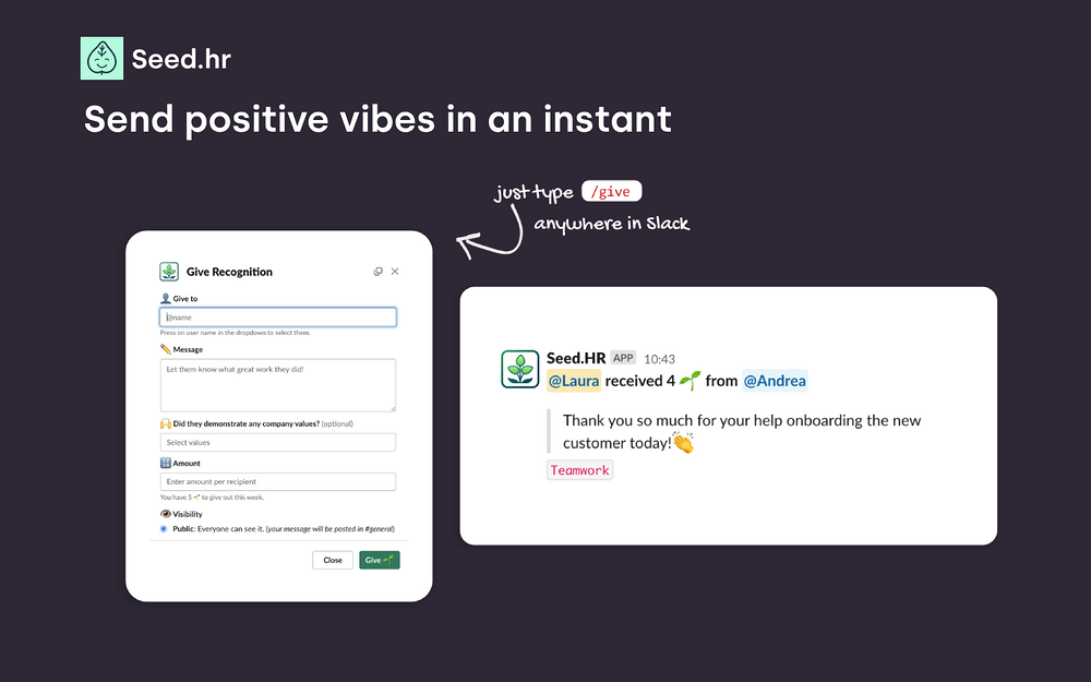 SeedHR - Praise, Kudos & Shoutouts dashboard view — Health & Wellness app on the Slack Marketplace