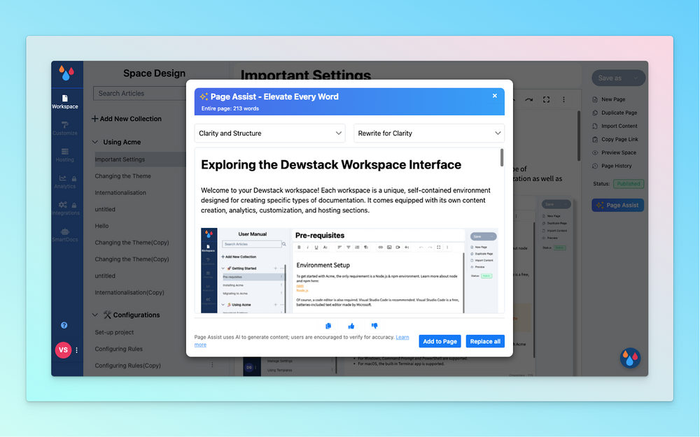 Dewstack dashboard view — Customer Support app on the Slack Marketplace