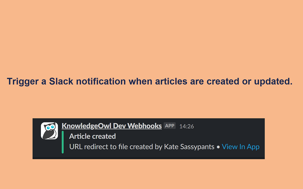 KnowledgeOwl Webhooks settings interface — Customer Support app on the Slack Marketplace
