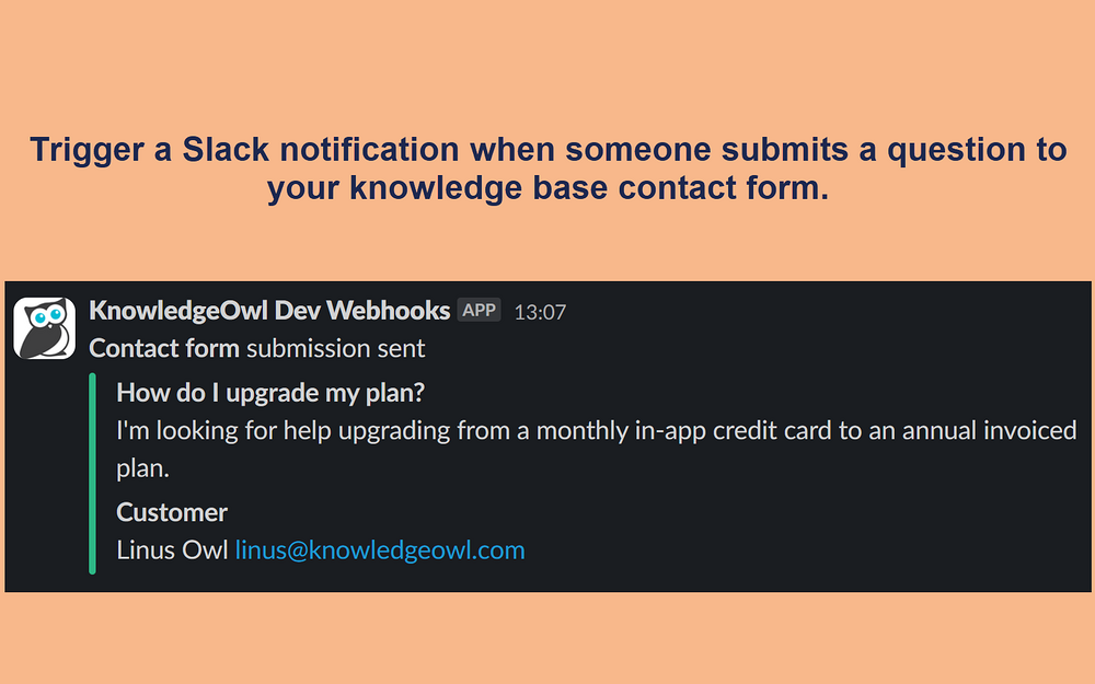 KnowledgeOwl Webhooks dashboard view — Customer Support app on the Slack Marketplace