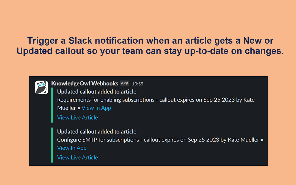 KnowledgeOwl Webhooks feature detail — Customer Support app on the Slack Marketplace